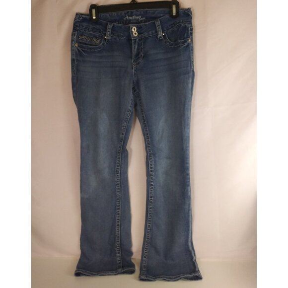 Amethyst Denim - Amethyst Distressed Whiskered Low Rise Stretch Bootcut Jeans Size 9